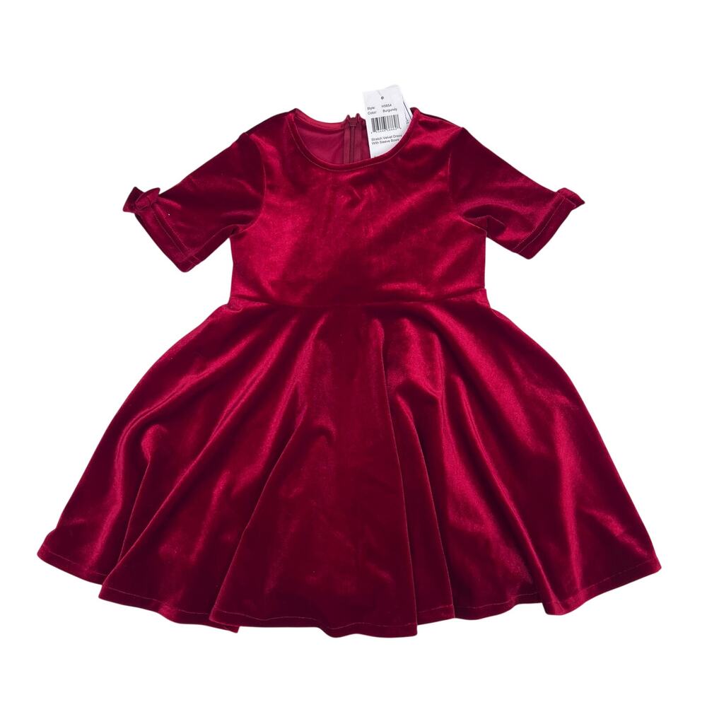 NWT Florence Eiseman Size 6 Burgundy Stretch Velvet Dress with Sleeve Bows